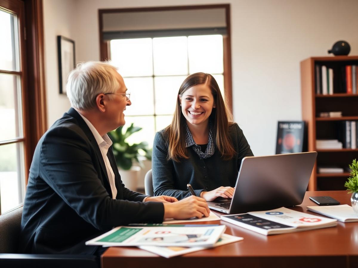 Admissions counselor advising a student at a desk