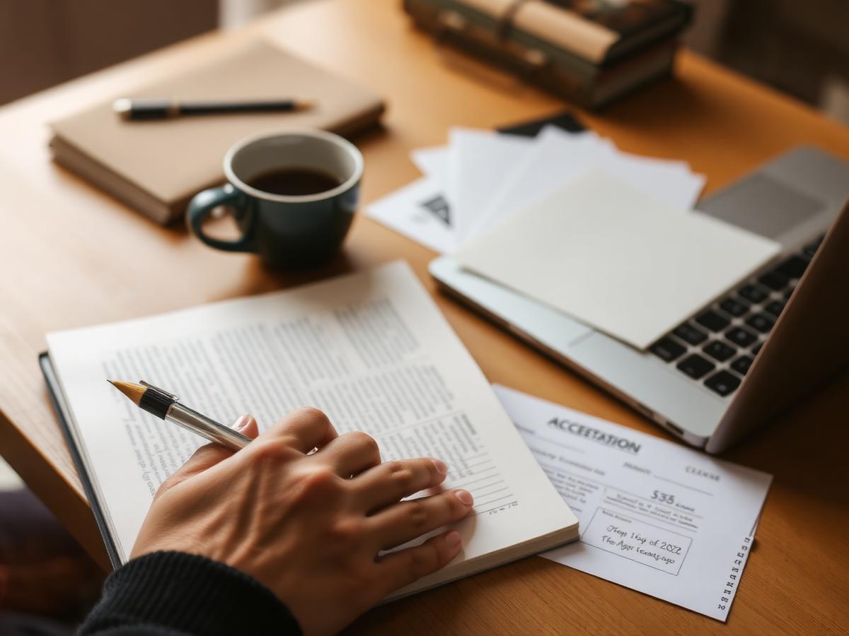 Notes and acceptance letters on a study desk