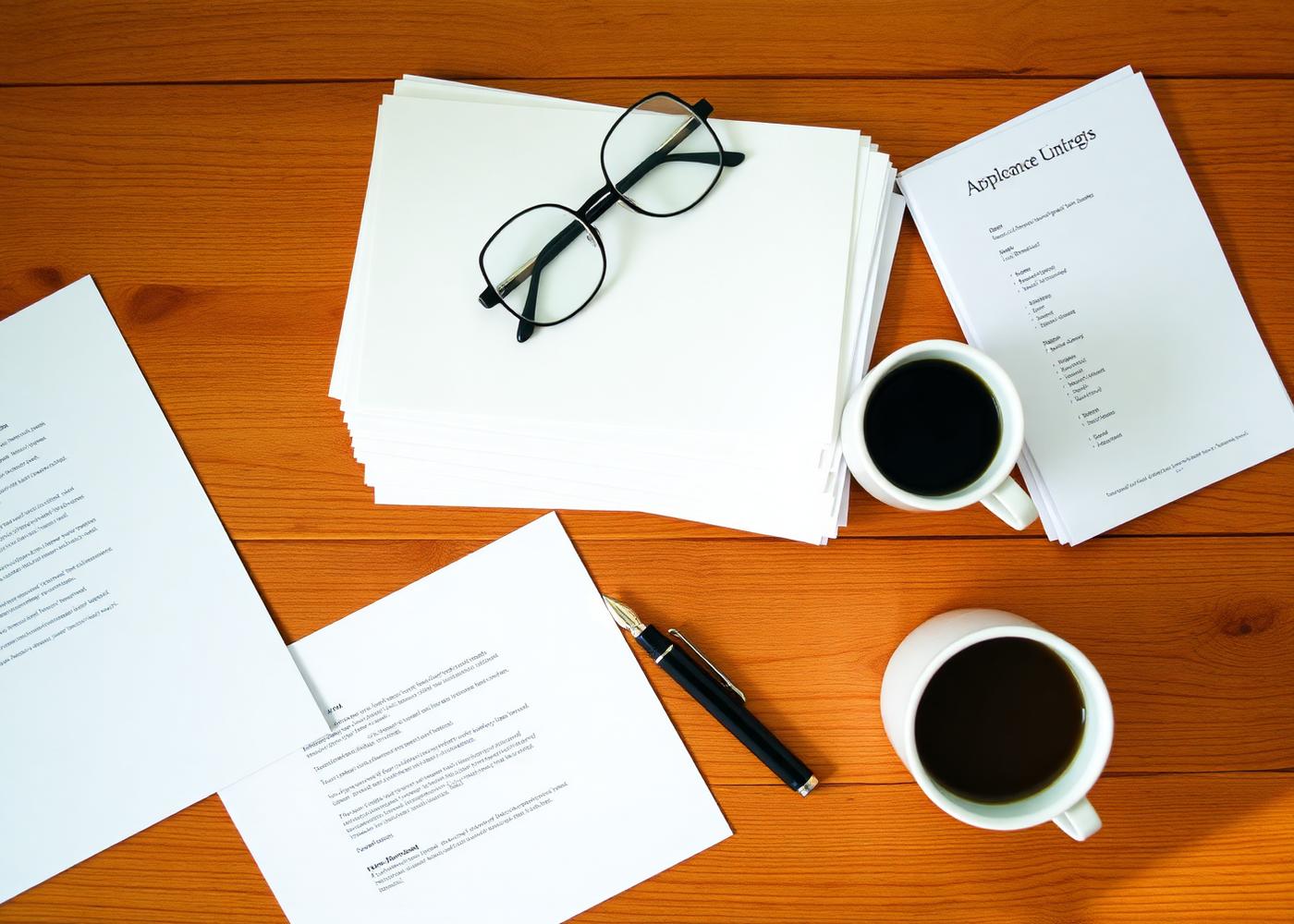 Application essays, fountain pen and acceptance letter on a desk
