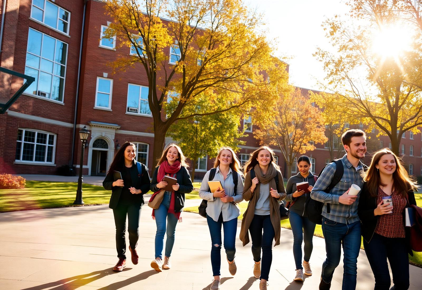 Happy college students walking across a sunlit campus
