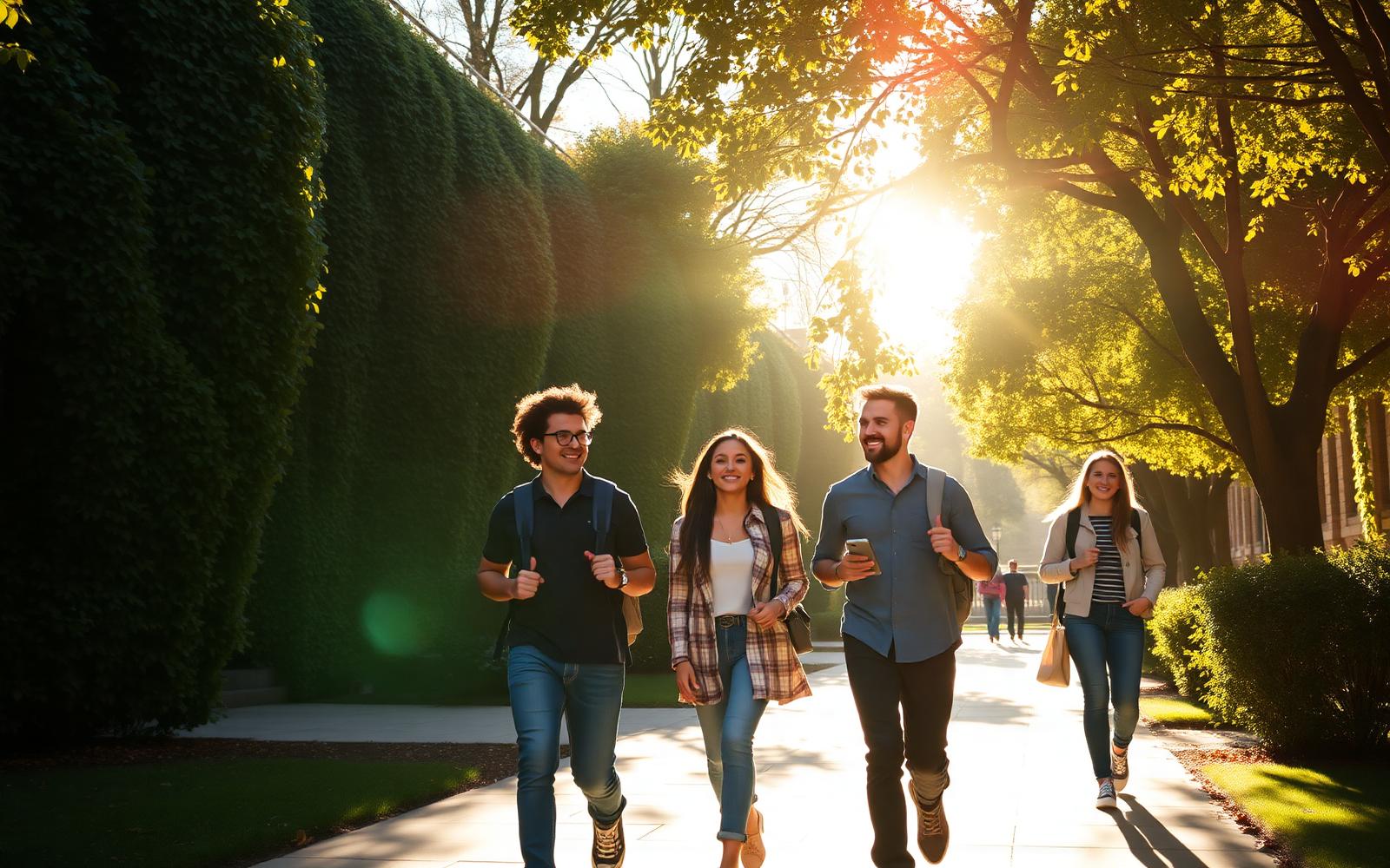 Happy college students walking across a sunlit campus